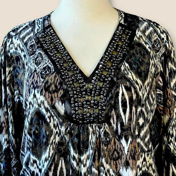 DressBarn Vintage 3/4 Sleeves Beaded V Neck Jersey Top Blouse Size 22/24 Ikat - Picture 4 of 13